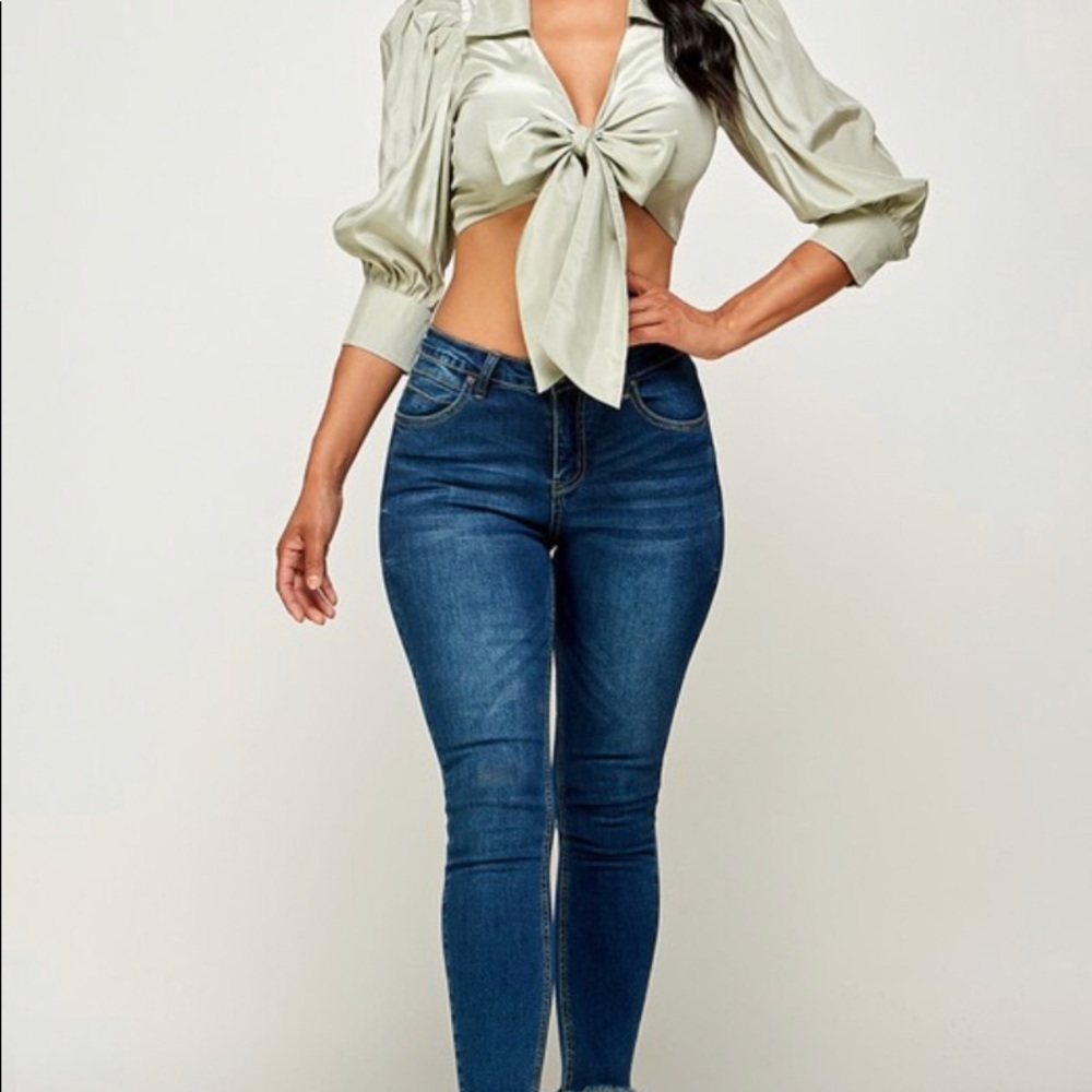 Color- Sage, Tie front crop blouse, Material- Cotton & Nylon